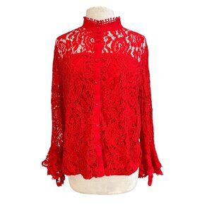 WoWo Red Lace Button-Up Blouse With Bell Sleeves & High Neckline